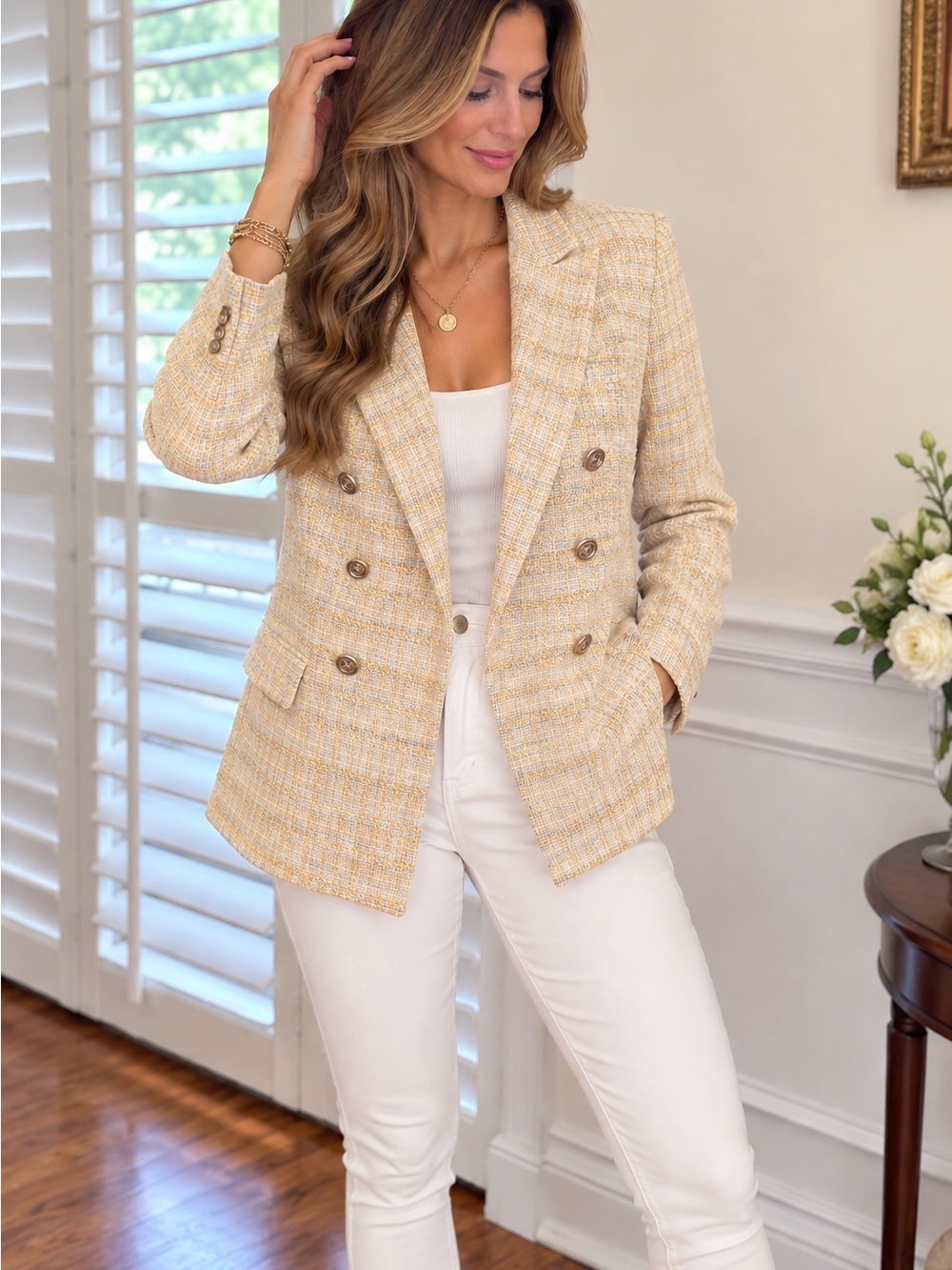 White House Black Market Cream and Yellow Tweed Double-Breasted Blazer